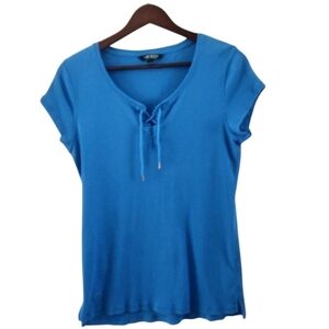 Ralph Lauren Blue Ribbed Lace Up Cap Sleeve Top Shirt Womens Size L